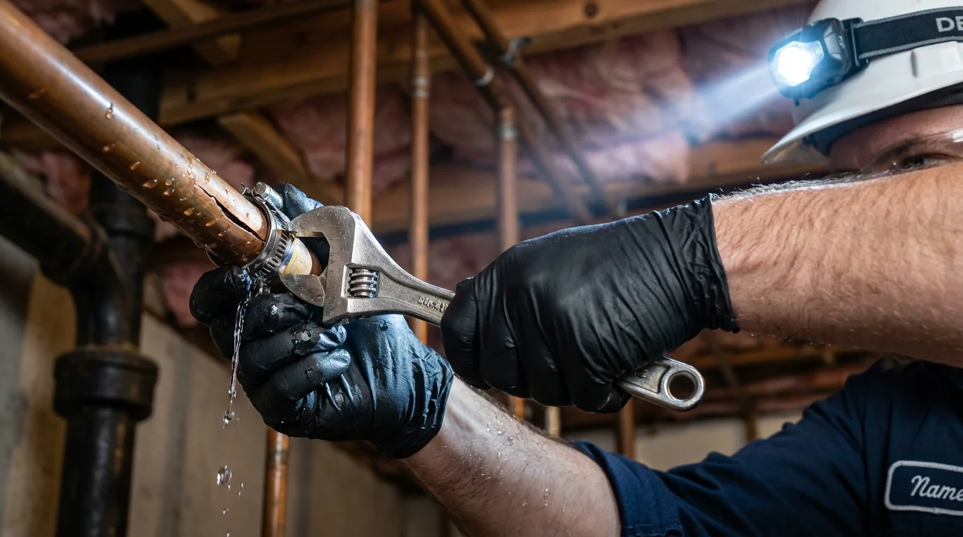 Emergency pipe clamp repair being performed by a Johns Plumbing LLC plumber in Oakley