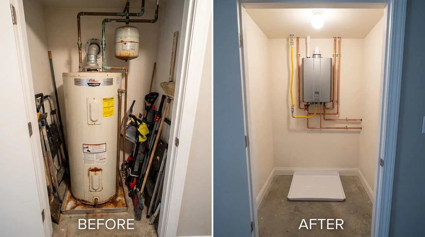 Tank water heater versus wall-mounted tankless unit comparison for Oakley, KS homeowners