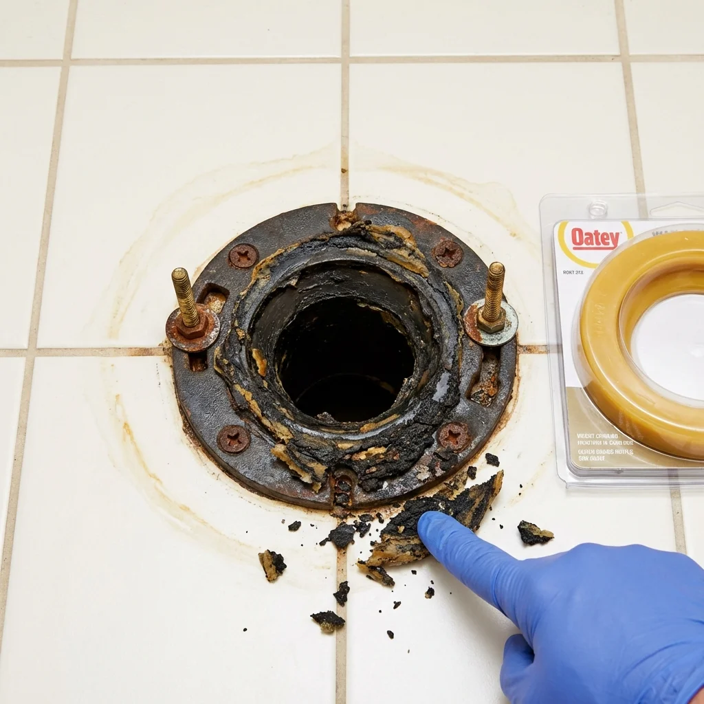Failed wax ring showing water seepage at the base of a toilet in a Oakley, KS home