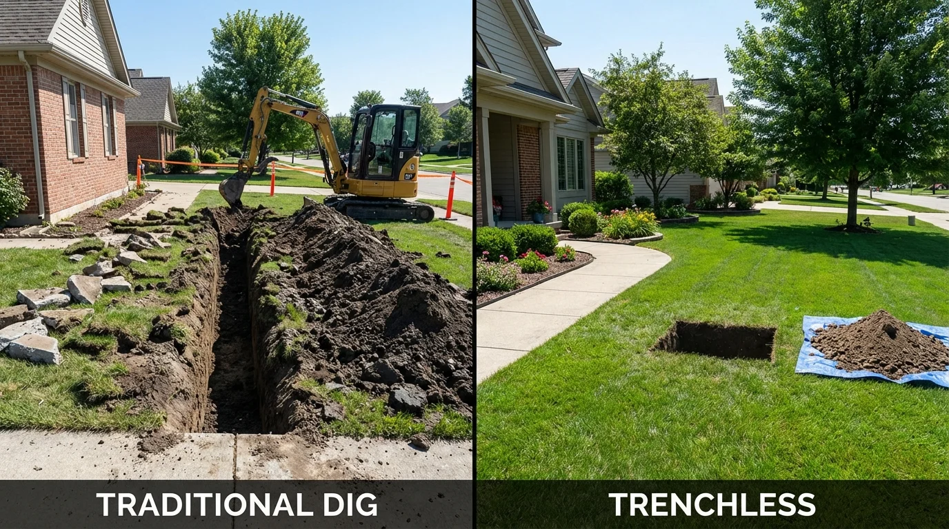 Trenchless sewer repair with minimal yard damage versus traditional excavation in Oakley, KS